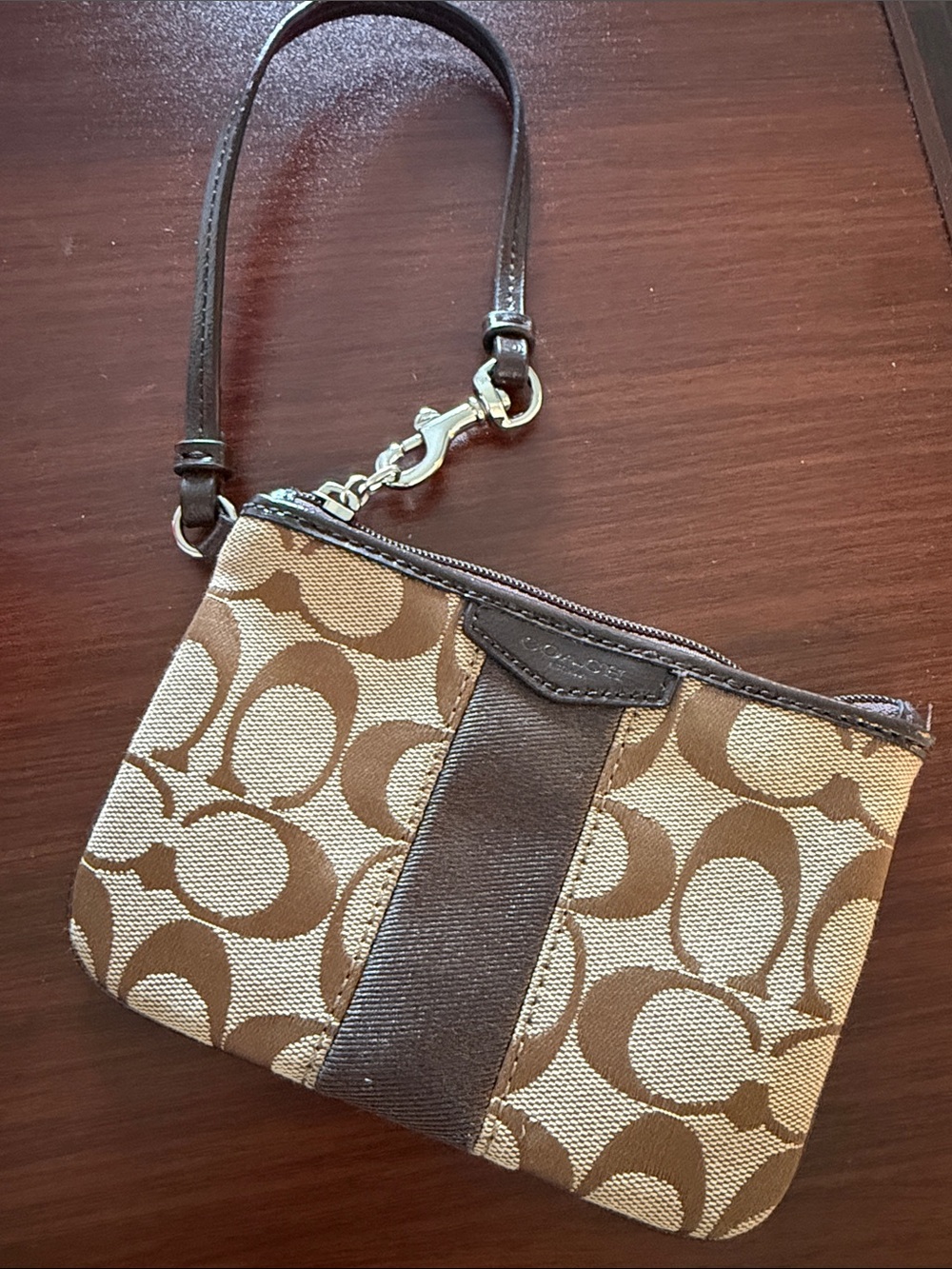 Coach Signature Stripe Small Wristlet- classic brown and khaki
